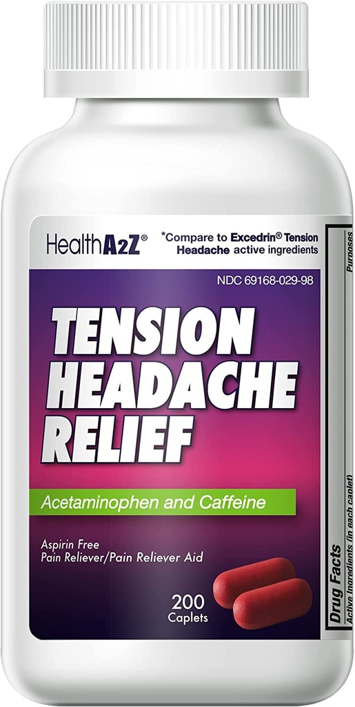 健康 A2Z® 紧张头痛救济 | Acetaminophen 500mg | Cafeine 65mg | Afeed Reliver Aid | Aspirin Free (200 caplets (Pack of 1)).