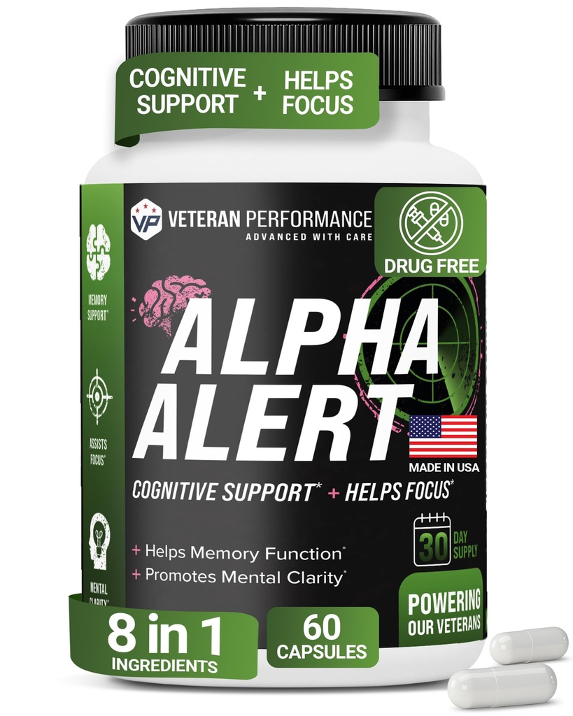 Alpha Alert – Veteran owned Brain Supplements for memory and Focus – 第三方测试,乳品和葡萄糖自由新星记忆补编 - 60 Veggie Capsules