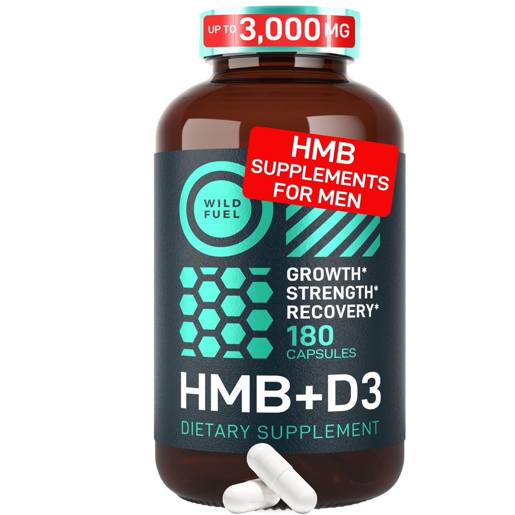 WILD FUEL 3,000mg HMB 补充维生素D3 - 肌肉增生,强力,快速工作恢复 HMB 补充给男女 - Calcium Beta-Hydroxy Beta-Methylbutyrate - 180 Capsules