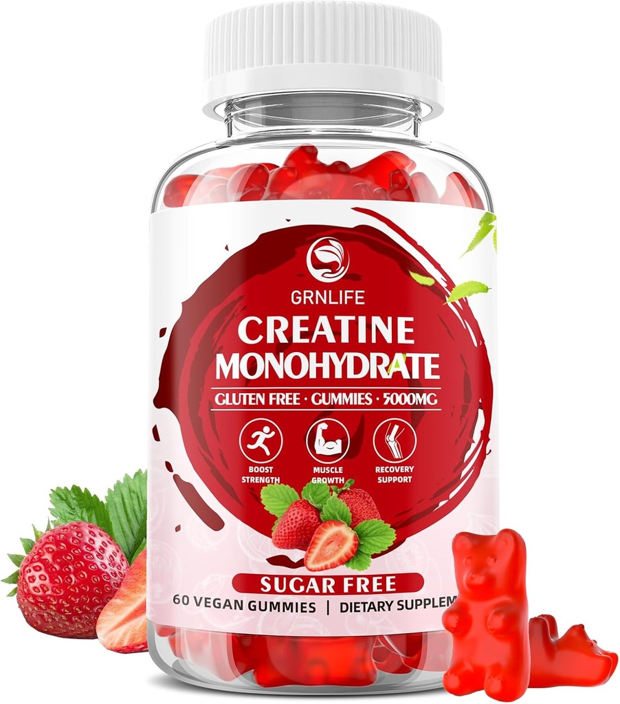 Creatine Monohydrate Gummys for Men & Women, Chewables Creatine Monohydrate for Muscle strong, 肌肉建构器, 能量靴, 无糖, Vegan, 草莓 Flavor- 60 Count