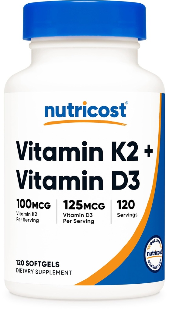 营养成本 维生素D3 + K2 (5000 IU D3 / 100 mcg MK7),120 Softgel – Gluten-free & Non-GMO