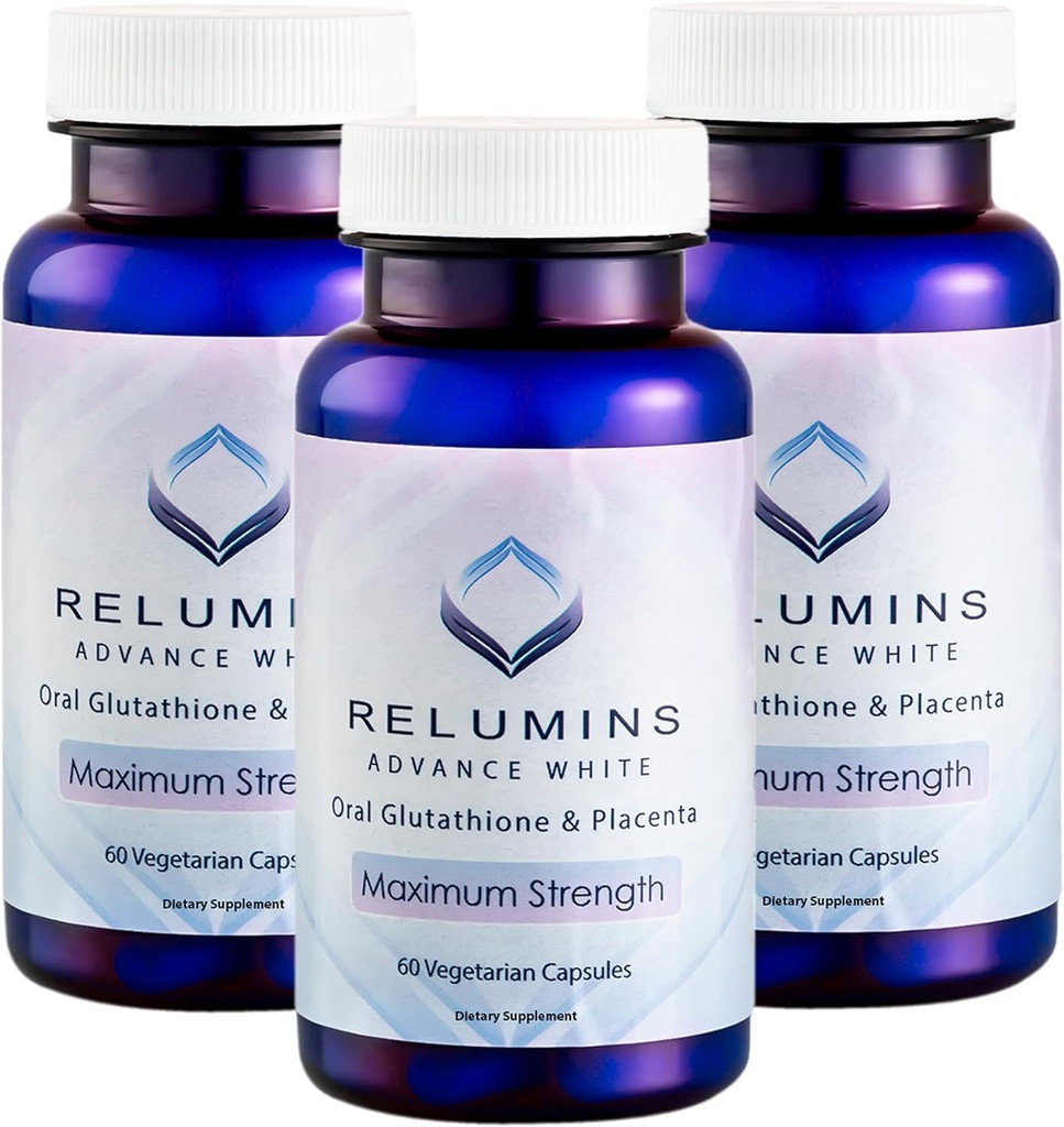Relumins Advanced White Glutathione Capsules - Max 力量亮度增量,配有ALA,Placenta,Rose HIPS & Vitamin C - 抗氧化性应激反应,支持Collagen & Made在美国 - 3瓶