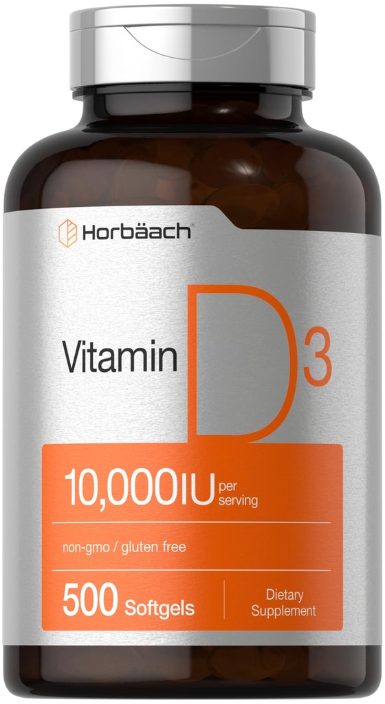 Horbäach维生素D3 1000 IU + 500 Softgels → Non-GMO, Gluten Free Supplement → 数值大小 → 250mcg → 高概率公式