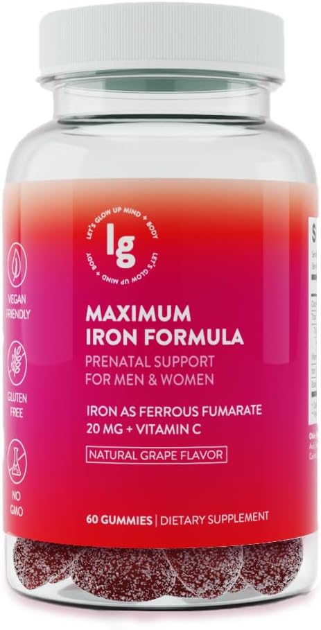 铁胶 – 20 mg 高吸附铁 + 维生素 C, B12 & Folate – Vegan, Non‐GMO, Gluten‐free – 能量和贫血支持 – 60 Ct
