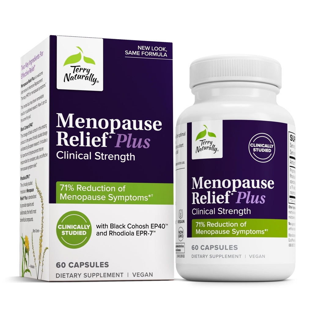 Terry Naturally Menopause Relief Plus - Menopause Symptom Supplement - Supplement to Aid Against Occasional Tiredness & Night Sweats - Supplement with Rhodiola & Black Cohosh - 60 Capsules