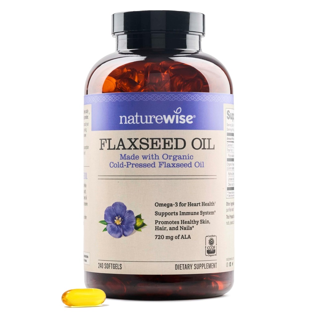 NatureWise Flaxseed Oil 1,242 mg, Fish Free Omega 3 6 9 含720mg ALA, 心脏健康支持的饮食补充-有机,冷压,非GMO - 240 软胶[8-Month 供应]