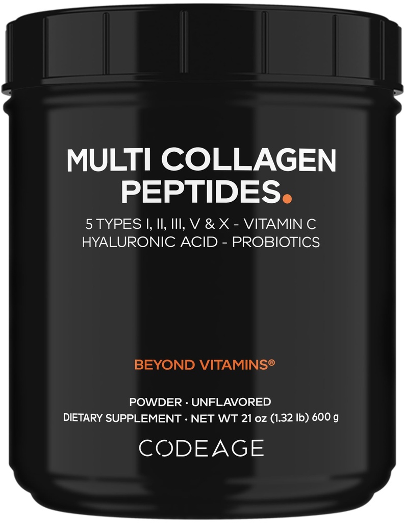编码 多Collagen Peptides + Probiotics 黑版,维生素C,Hyaluronic酸粉补充剂,草料,草料,草料,水解,零碳化物,I型,II型,III型,V型和X型,未味,21oz型