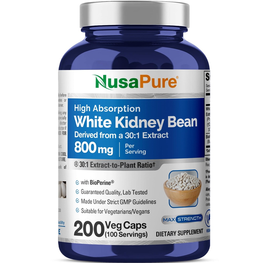 NusaPure White Kidney Beans 30:1 提取物,800毫克等效于24,000毫克200维冈卡普尔 - Bioperine - (Vegan,非GMO)
