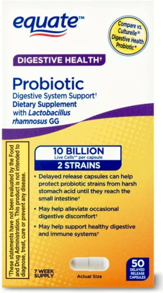Equate Probiotic 补充文摘系统支持 - 总体文摘健康支持 - 最小化便秘,腹泻,气体和布洛丁 - 延迟释放 Capsules, 50 Counter