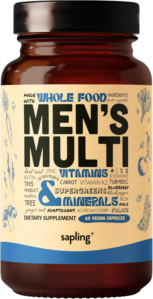 男性多维特敏 - 每日男性多维特敏 - 甲基化B复合体,配有全食品成份,维生素B12,Folate,A,C,D3,E,K2,有机水果和蔬菜 - Vegan,非GMO - 60 Caps