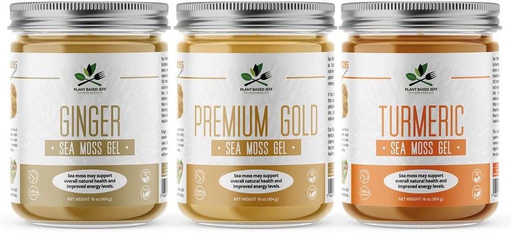 基于植物的Jeff Organization Sea Moss Gel Bundle 配有 Turmeric, Ginger, Plain, 3x16 oz. 天然野生超食品, 免疫防御和消化支持, Non-GMO, Vegan 和 Keto
