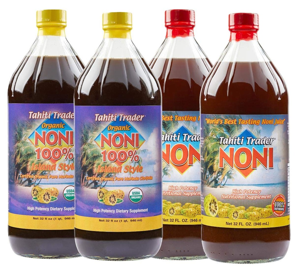 TAHITI TradeR Mix & Match - 原高概率Noni & 100% Noni Island Style Juice - 有机抗氧化剂超食品汁 支持能源与身体健康 (32oz, 4 Pack)