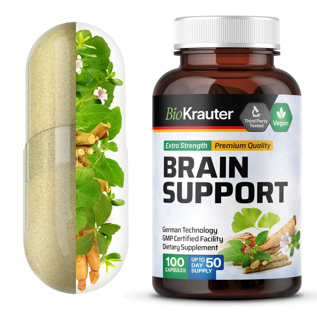 BIO KRAUTER 大脑支持补编 - 100 计数 - 1300 mg Blend of Ashwagandha, Panax Ginseng and Ginkgo Biloba - Vegan, 无填充器