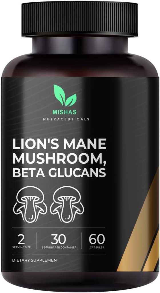 Mishas Lions Mane 补编 - 有机Lions Mane - 脑健康支持 - 蘑菇支持聚焦与记忆,Immune与Nervous功能系统 女性与男性 - 60 Vegan Capsules
