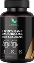 Mishas Lions Mane 补编 - 有机Lions Mane - 脑健康支持 - 蘑菇支持聚焦与记忆,Immune与Nervous功能系统 女性与男性 - 60 Vegan Capsules