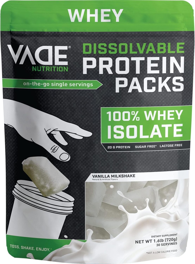 VADE 营养溶解蛋白包 - 100% Whei Isolate 蛋白蛋白粉香草 Milksshake - 低卡布,低卡路里,无乳糖,无糖,无脂肪,无葡萄糖 - 30 packets to go