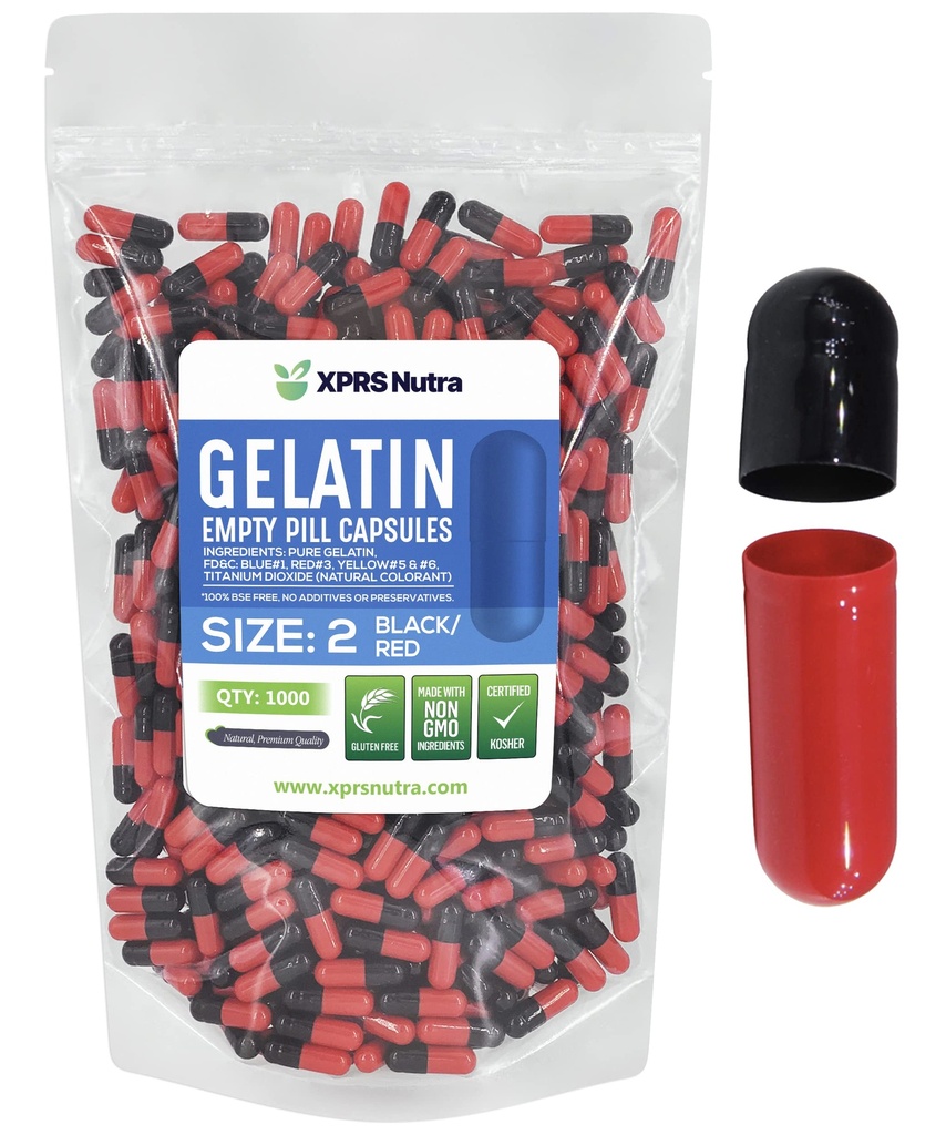 XPRS Nutra Size 2 Empty Capsules - 1000 Count Empty Gelatin Capsules - Pills DIY Capsule Filling - Pure Bovine Pill Gel Caps for Do-It-Yourself Supplements (Black/Red)
