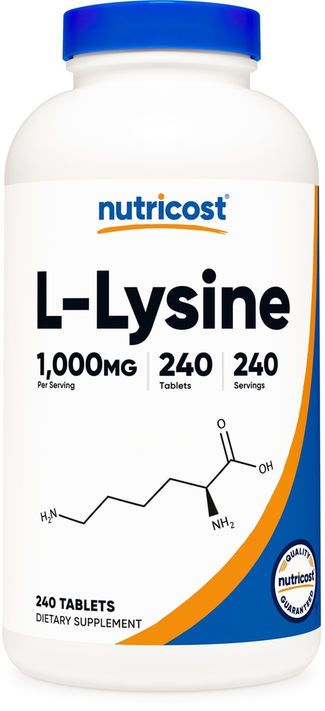 营养成本L-Lysine 1000mg, 240平板 - Gluten Free, 非 GMO, 和蔬菜友好