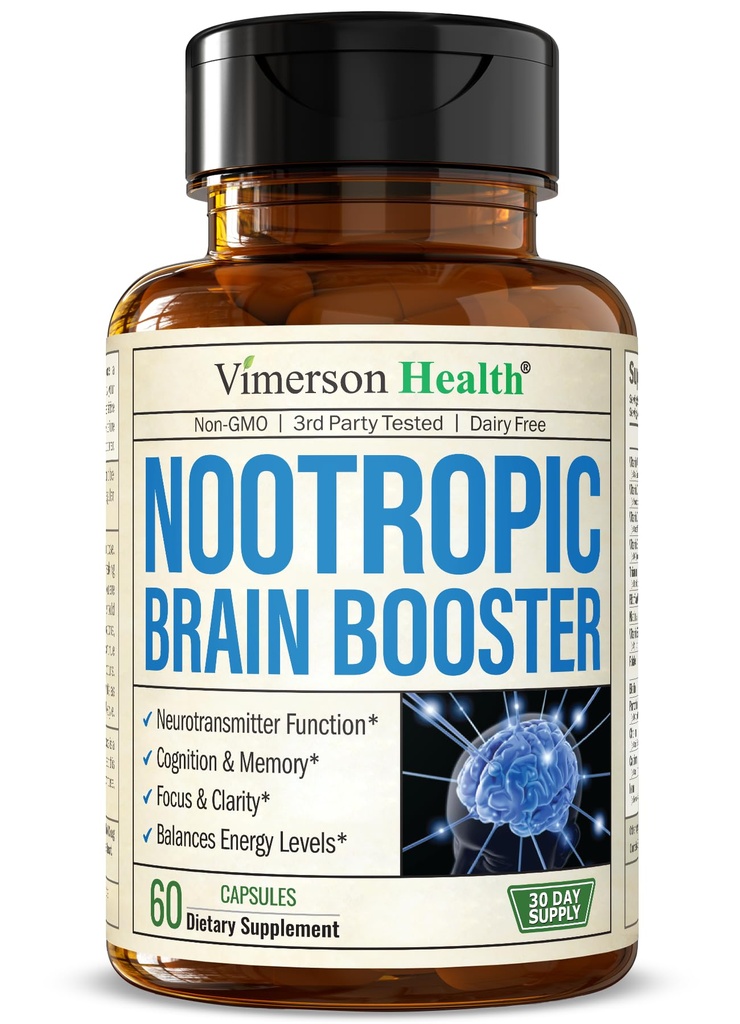 Nootrophic Brain Support Suppless - 诺特罗比大脑促进器,用于增强焦点,浓度和记忆. 脑神经促进脑健康,Mood & Energy支持. 非GMO (英语). 在美国制造的 60顶