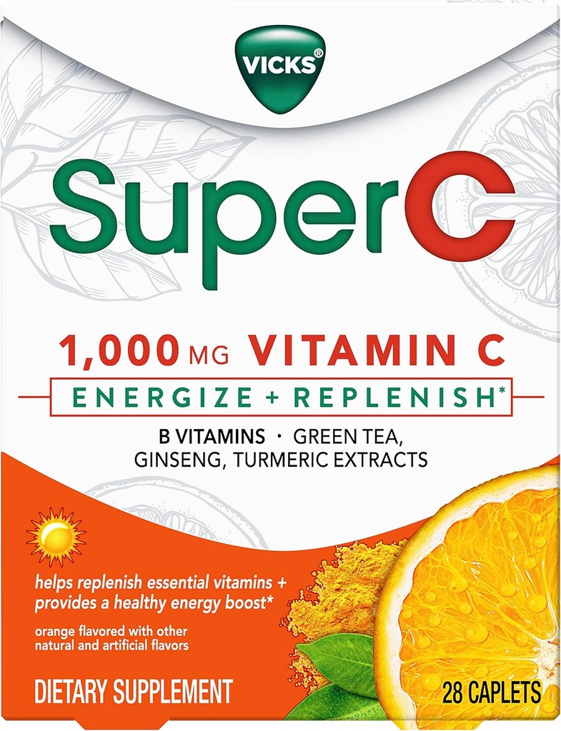 Vicks Super C Energize + 补充日用膳食补充剂,配有维生素C,B维生素,绿茶,Ginseng和Turmeric 提取剂,以帮助补充必要的维生素*,28 Caplets