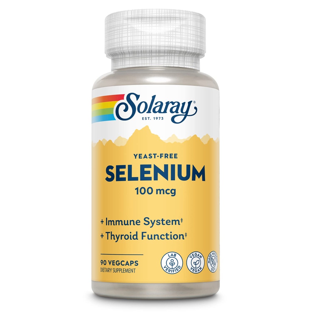 SOLARAY Selenium 100 mcg Supplement for Women & Men - Selenium 100mcg Capsules, Thyroid & Immune Health Support, Yeast Free, L Selenomethionine, Antioxidant Support, Vegan - 90 Veg Caps