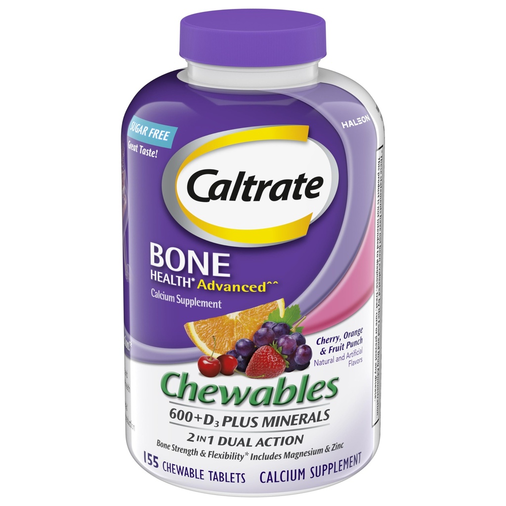 Caltrate Chewables 600 + D3 + 矿物 钙和维生素D,无糖,樱桃,橘子和果汁,155个计数