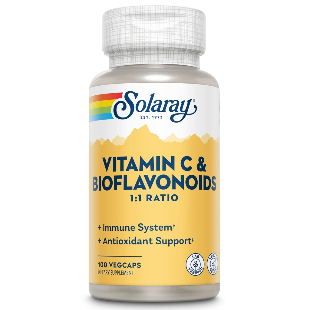 SOLARAY维生素C 500mg 含Citrus Bioflavoids, 1:1 比例 - 抗氧化剂和免疫支持补充 - 维生素C 含Rose HIPS和Acerola, Vegan, 60-日保障, 50 服务, 100 Veg Caps
