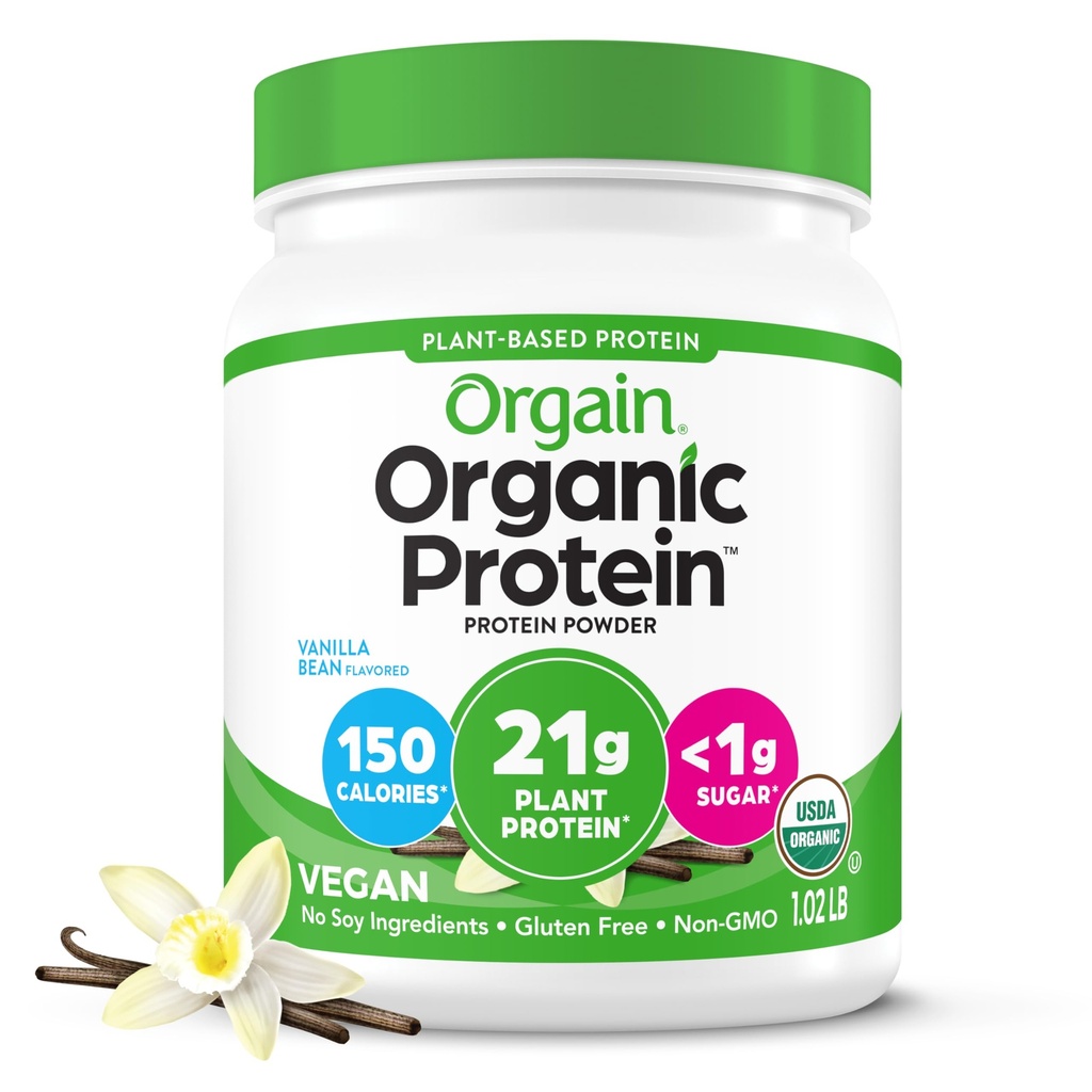 Orgain 有机维冈蛋白粉,香草豆仁 - 21g 植物基蛋白,4g 预生纤维,无乳糖成份,无添加糖,非GMO,用于摇摆和滑动,1.02磅(包装May Vary)