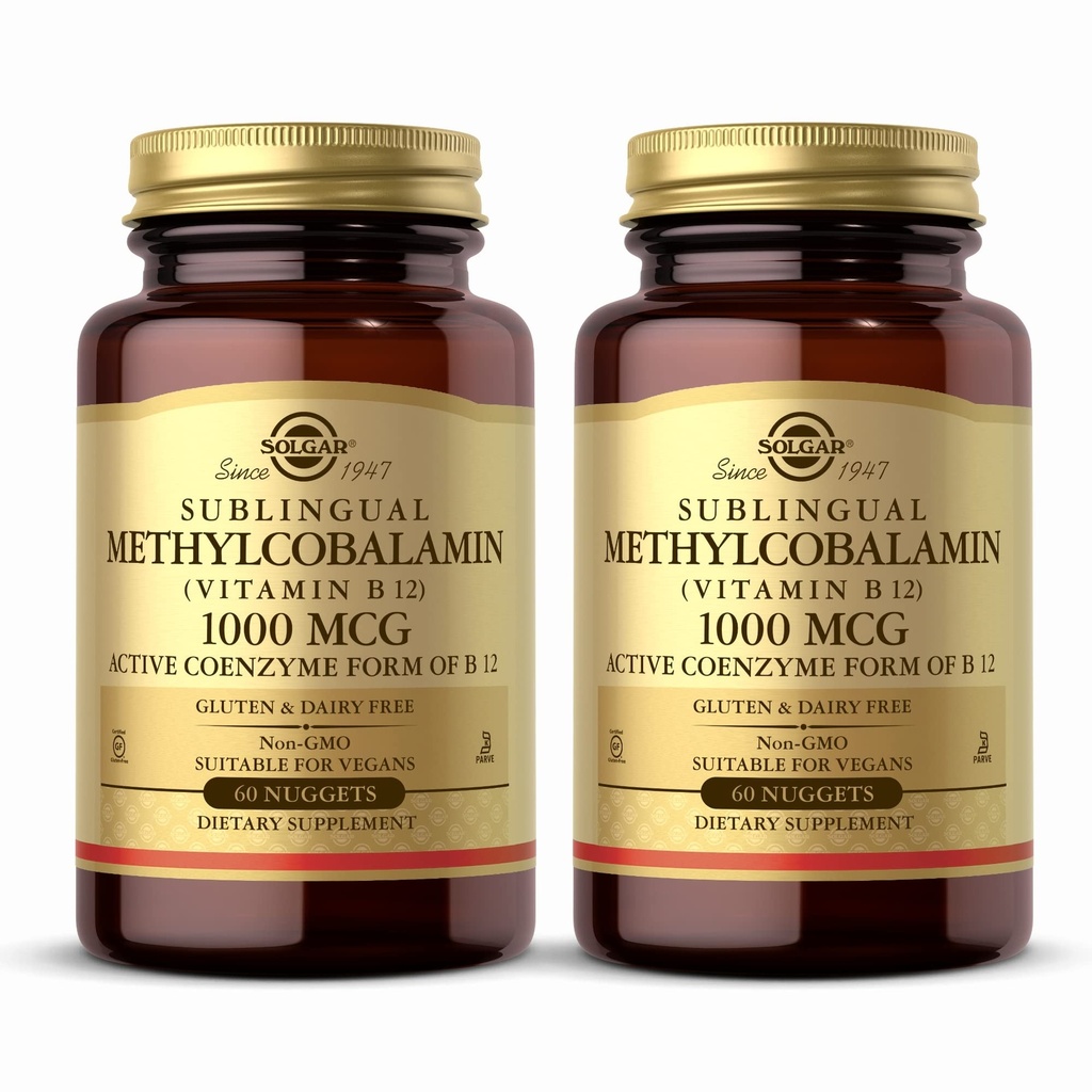 Solgar Methylcobalamin(维生素B12) 1000 mcg - 60 Nuggets, 包2 - 支持能量代谢 - 非GMO, Vegan, Gluten Free, 乳品自由, Kosher - 120 总服务量