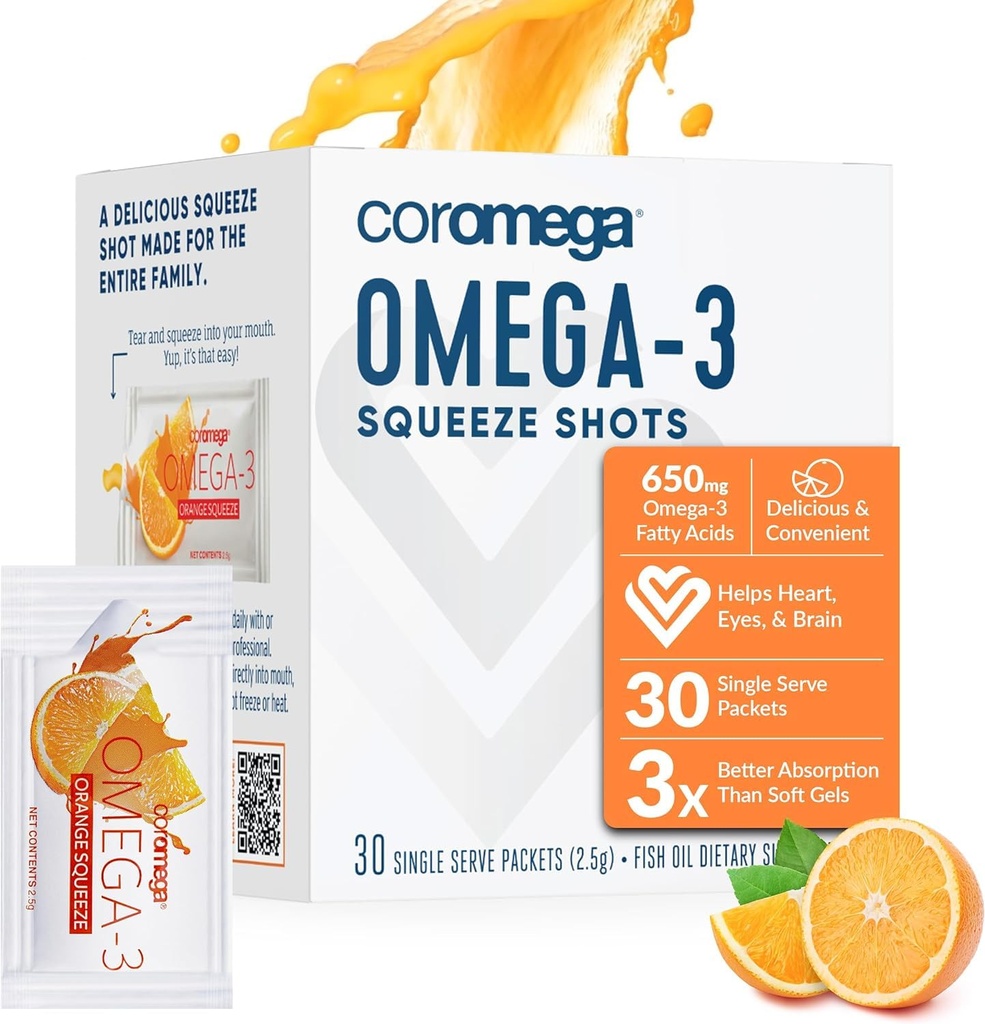 Coromega Omega 3 Fish Oil Supplement, 650mg of Omega-3s with 3X Better Absorption Than Softgels, Orange Flavor, 30 Single Serve Squeeze Packet