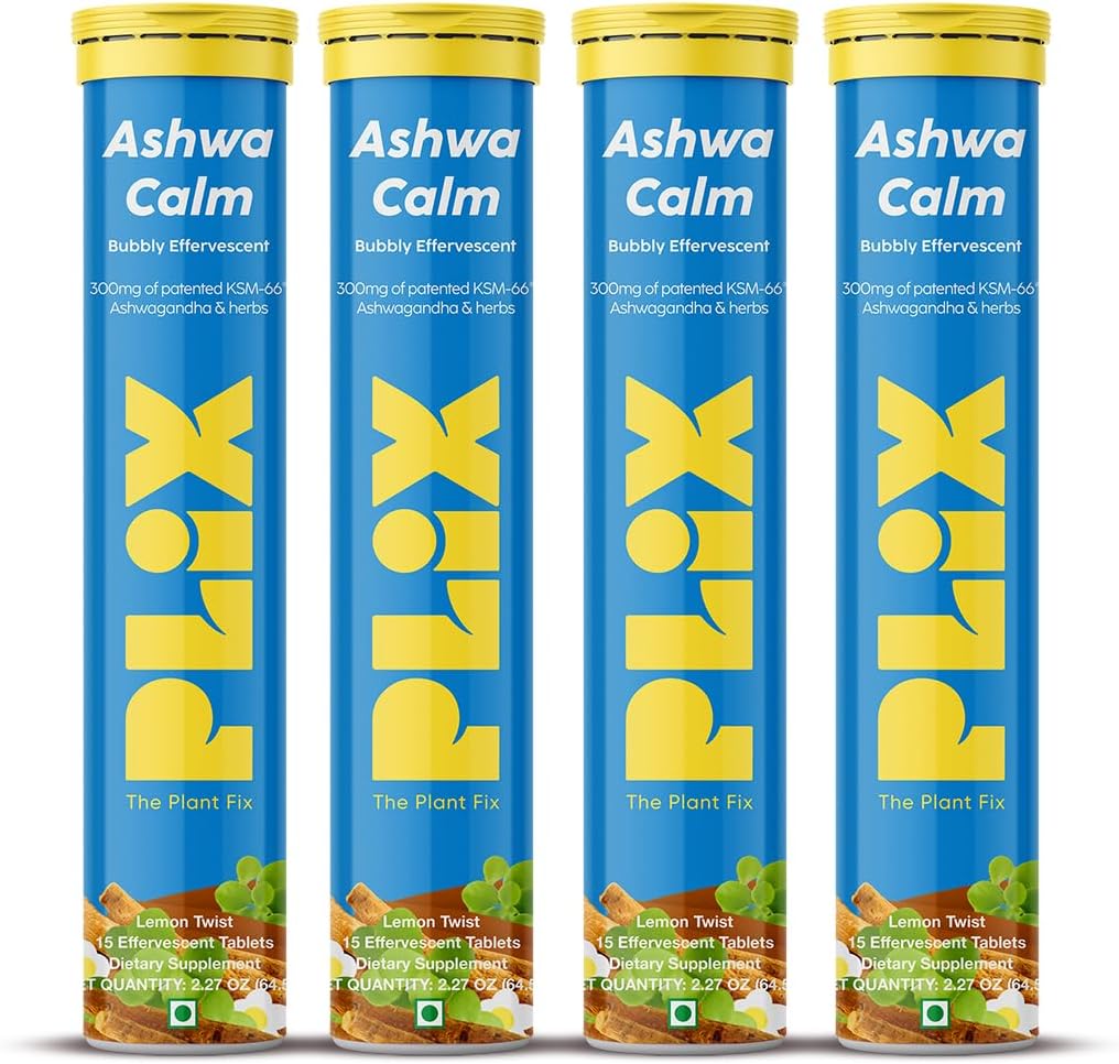 PLIX -- -- Plant FIX KSM-66 Ashwagandha 300mg Effervescent 压力、混合和能源支助补充剂,配有维生素D3和布拉米 -- -- 60 Vegan、非GMO、无胶片、包装4