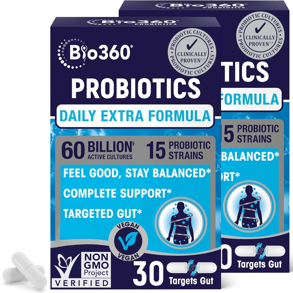 Extra Strength Probiotic for Digestive Health and Immune Support, 60 Billion CFU & 15 Strains, Gut Health Probiotics for Men and Women Supports Occasional Constipation, Diarrhea, Gas & Bloating, 60CT