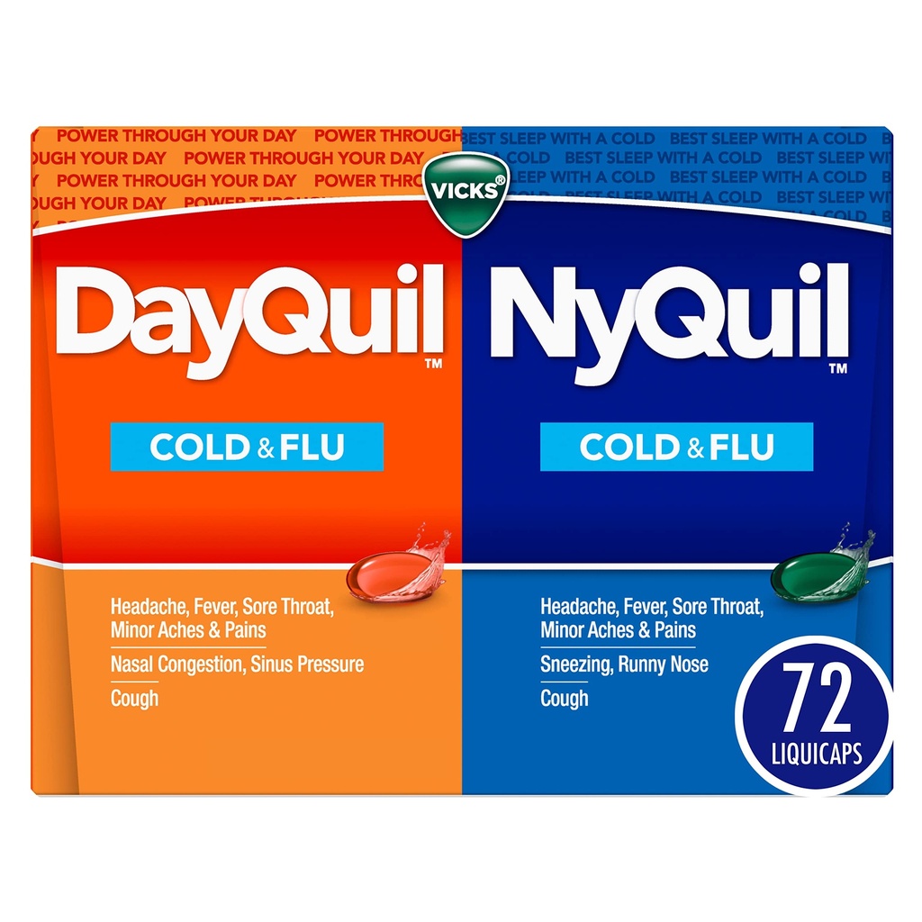 Vicks DayQuil & NyQuil Co-Pack, Cold & Flu Medicine, 强大的多音节日间和夜间缓解头痛, 发烧, 酸喉, 小痛和疼痛, & Cough, 72ct