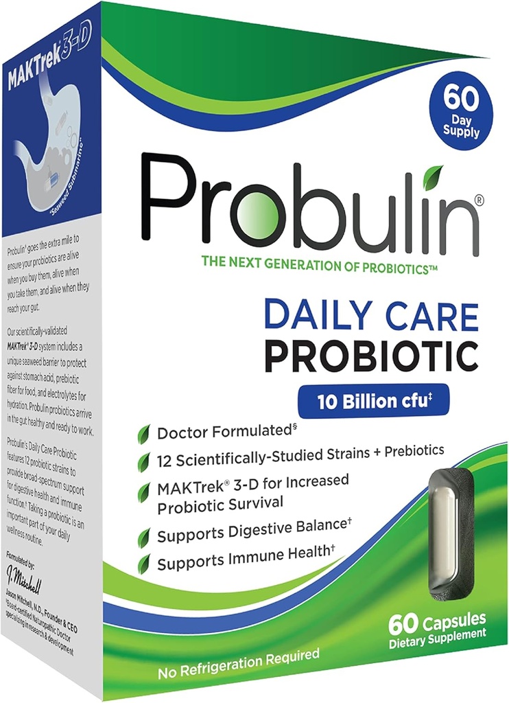 Probulin Daily Care Probiotic Supplement, Digestive, Gut, and Immune 健康支持 男女卡普尔, 100亿 CMU, Vegan, 60 伯爵盒
