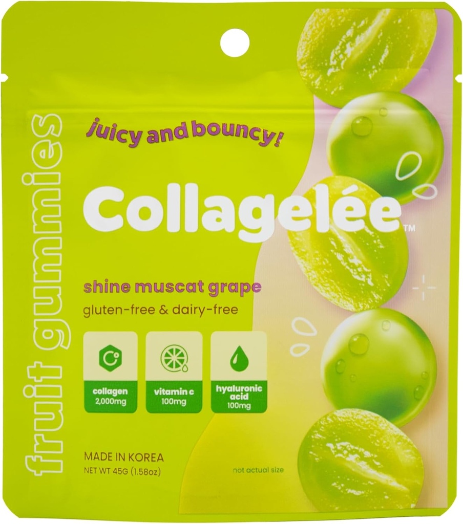 Collagelee Collagen Gummys - Marine Collagen Candy with Vitamin C, Hyaluronic Acid, & Biotin for Moisturized, Youngful, Plump Skin - 韩国Collagen Snacks (Shine Muscat Grape) (英语).