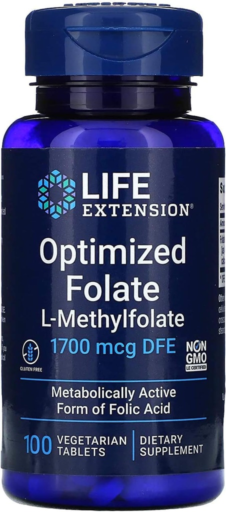 生命延长 优化 Folate L-Methylfolate 1000 mcg 蔬菜片 2 包装