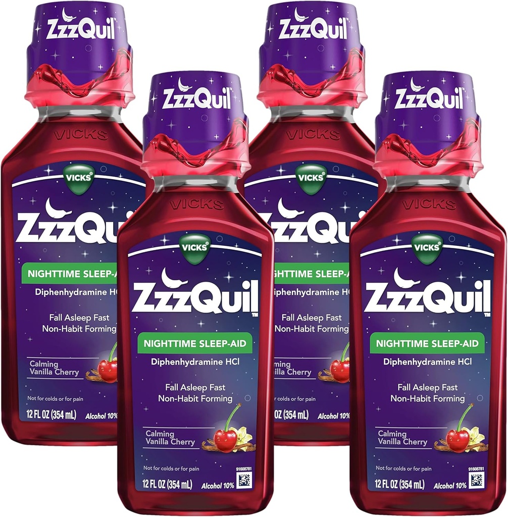 ZzzQuil,《夜间睡眠援助液体》,50毫克二苯胺HCl,第1号《睡眠援助品牌》,《淡化香草樱桃火焰》,《非哈比特成型》,《12 FL OZ》(第4页)