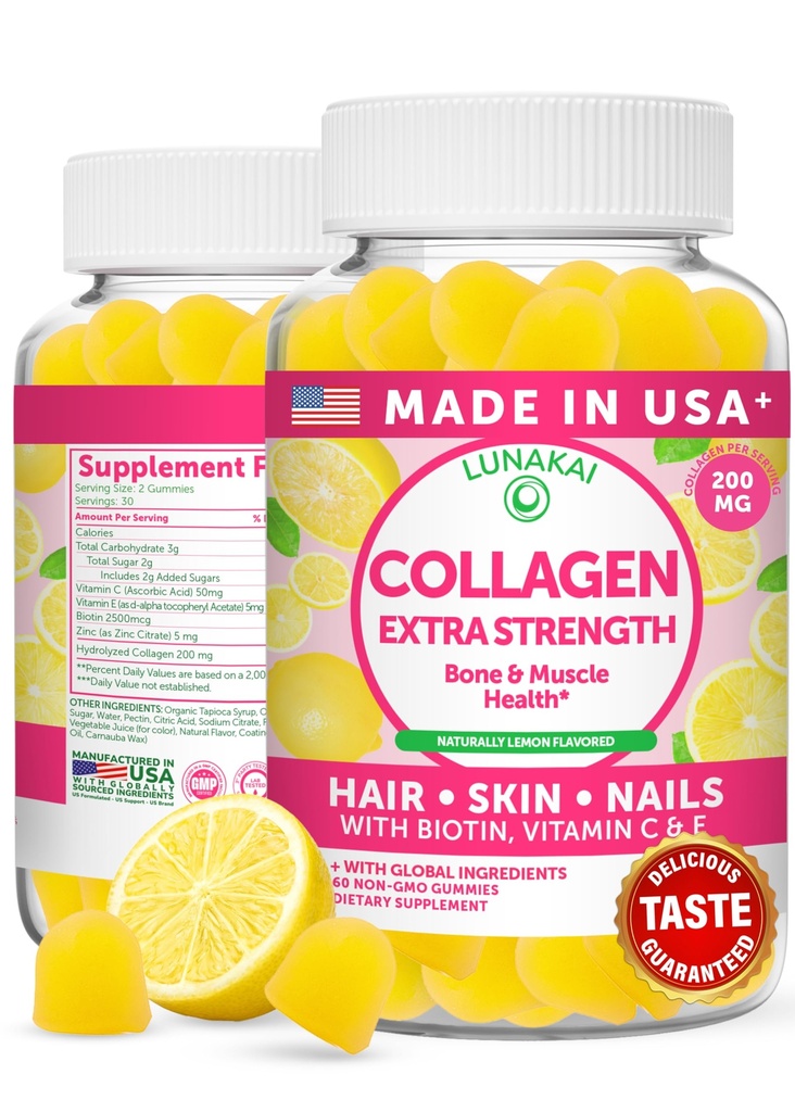 Lunakai USA 制造Colagen Peptides Gummys - 200mg Non-GMO 抗衰老配方,配有生物锡、锌、维生素C和E 换发、皮肤和钉子,60厘米