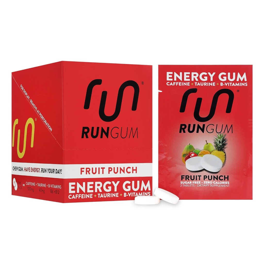 RUN GUM Fruit Punch Energy Chewing Gum 50mg Caffeine Taurine & B-Vitamins Per Piece, 24 Pieces (Pack of 12) Sugar Free, Zero Calorie, No Aspartame, and Gluten Free, 1 ea