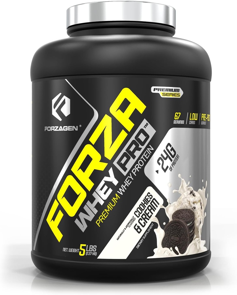 Forzagen Whey PRO 低碳蛋白粉 24g 蛋白质 低苏加 摇摆和混合混合剂 Premium Whey for Shakes & Mixes for Men & Women, BCAA QQ Cookies & Cream, 5 lbs. (67 Services)