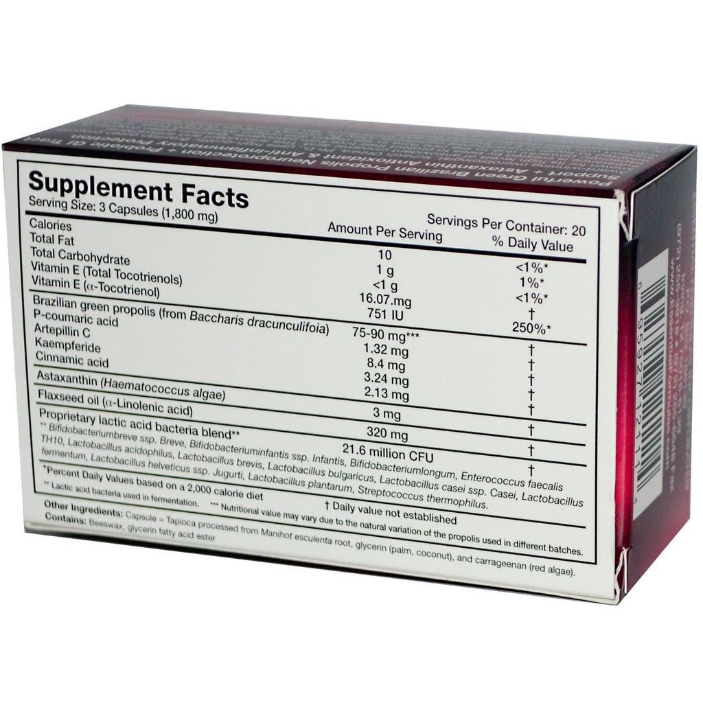 奥希拉博士的Propolis Plus 60 Capsules 配有巴西绿色Propolis,Probiotic 提取和Astaxanthin