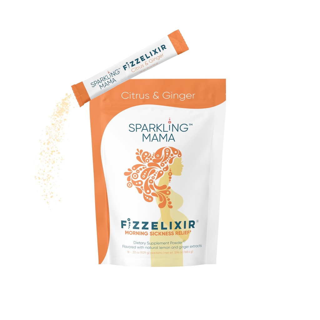 SPARKLING MAMA:早间疾病饮用,Fizzelixir Effervescent Mix 解决胃,怀孕,第1季三月,IBS,Nausea,美国制造(维生素B6,镁和氟酸),Citrus和Ginger 18棒