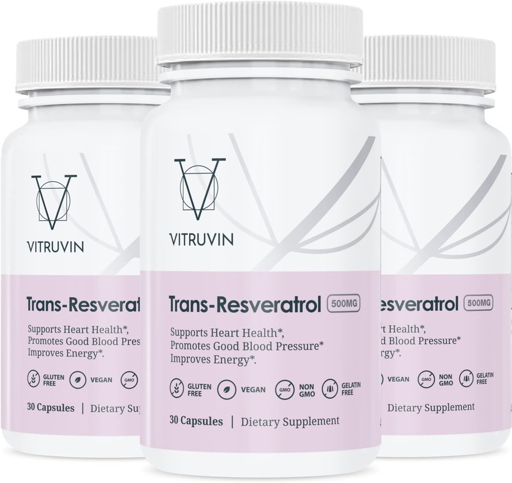 Vitruvin Trans-Resveratrol 500mg, 3瓶装, Vegan, Non-GMO, Gluten-Free, Gelatin-Free. 维特鲁文·Trans-Resveratrol 500mg, 3瓶装, Vegan, Non-GMO, Gluten-Free, Gelatin-Free.