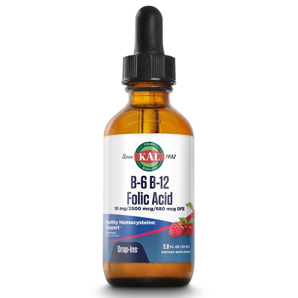 KAL 维生素B-6 B-12 酸液滴,液体维生素B 补充液滴,心脏健康,能量,红血球支持 甲基B12和甲基福拉特,天然混合莓 Flavor, 59 成品, 2oz