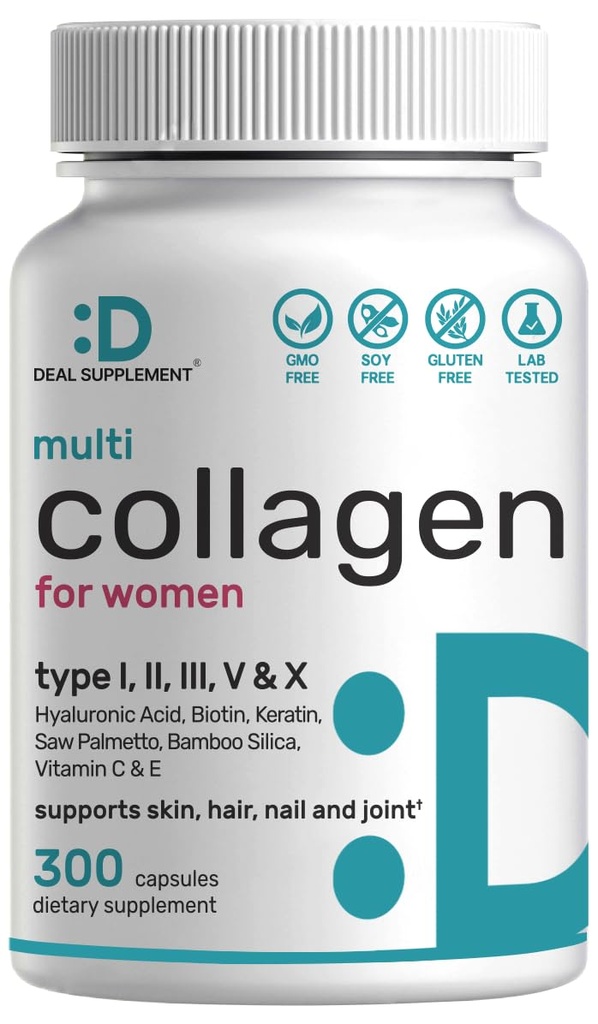 含有维生素C、E & Biotin、300 Capsules – Hydrized Collagen Peptides – 与 Saw Palmetto、竹boo西里卡、 & Hyaluronic Acid – 头发、皮肤、钉子和联合保健的1个公式中的11个