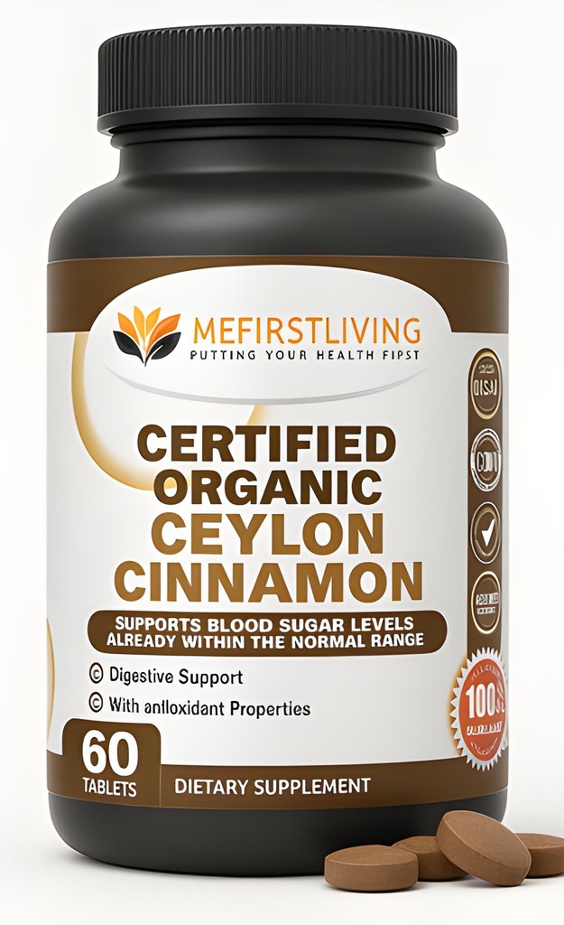Me First Living Ceylon Cinnamon 1000mg, 100%认证有机Ceylon Cinnamon, 非GMO, True Cinnamon, 代谢支持, 抗氧化剂 - 60片