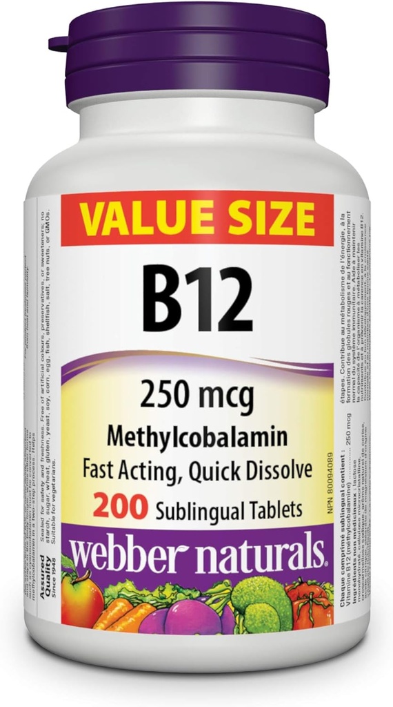 Webber Naturals 维生素B12 250 mcg 甲基科巴拉敏,200 亚语片