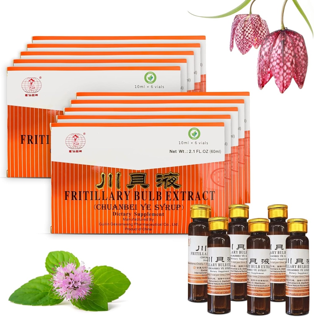 10 包装草药 Depo Fritilary Bulb 提取剂 -- -- 甜、美味、无醉和有效口服液体饮食补充剂 Cough Syrup(Chuanbei Ye Syrup) -- -- 60瓶(每瓶10毫升)