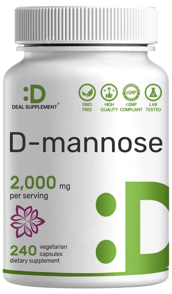 D Mannose 500 mg Capsules (2,000 mg per service), 240 Veggie Pills – 快速代理水溶性形式 – 额外强尿管(UTI)健康支持 – 非GMO, Vegan友好