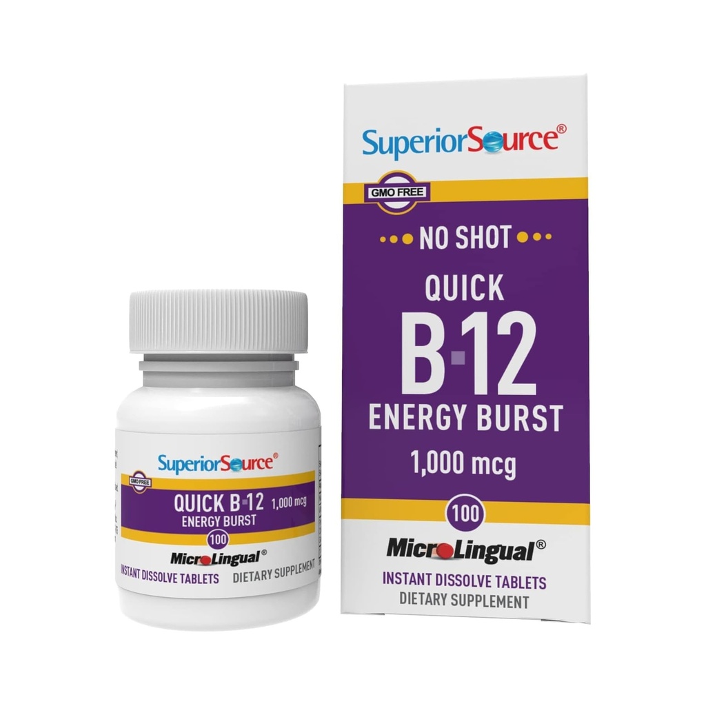 Super source NO Shot Quick Energy Burst B-12 1000 mcg - Premium Nervous System Support - 非GMO & Gluten-Free - 100 microLingual 即时溶解片